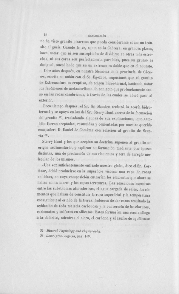 Página 28. Capítulo Primero. Mapa Geológico de España. Tomo I, explicación por Lucas Mallada. Madrid. 1895.