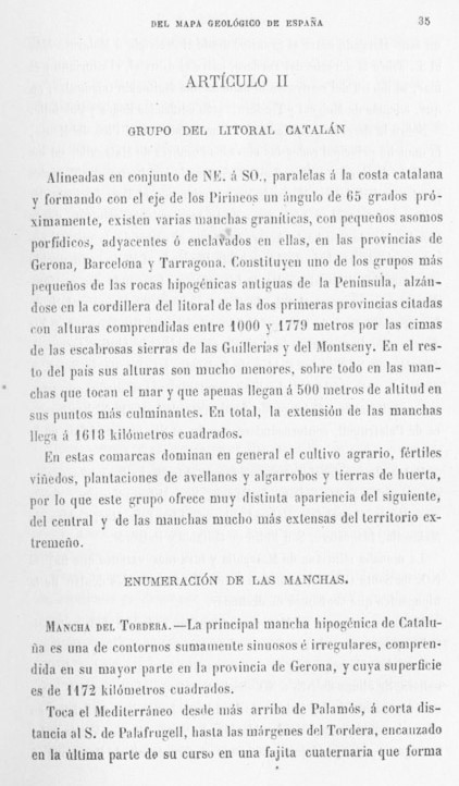 Página 35. Capítulo Primero. Mapa Geológico de España. Tomo I, explicación por Lucas Mallada. Madrid. 1895.