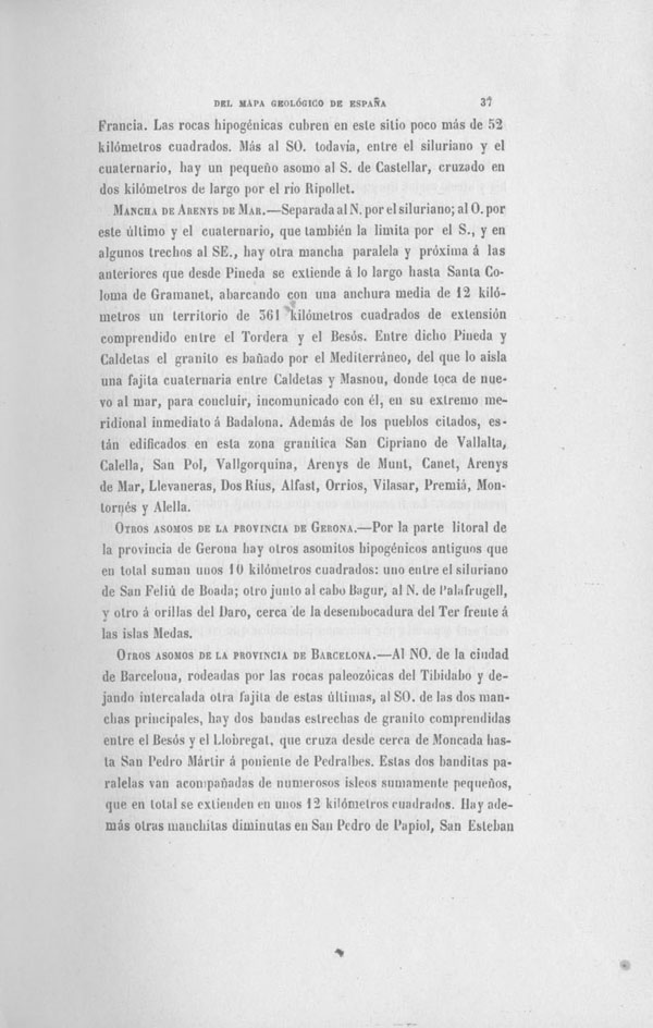 Página 37. Capítulo Primero. Mapa Geológico de España. Tomo I, explicación por Lucas Mallada. Madrid. 1895.