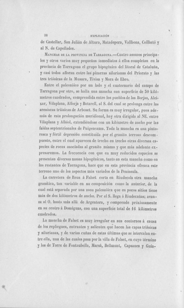 Página 38. Capítulo Primero. Mapa Geológico de España. Tomo I, explicación por Lucas Mallada. Madrid. 1895.