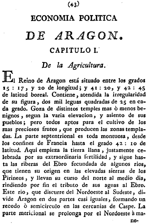 Historia de la Economía política de Aragón. Ignacio Jordán Claudio de Asso y del Río. 1798. Página 43