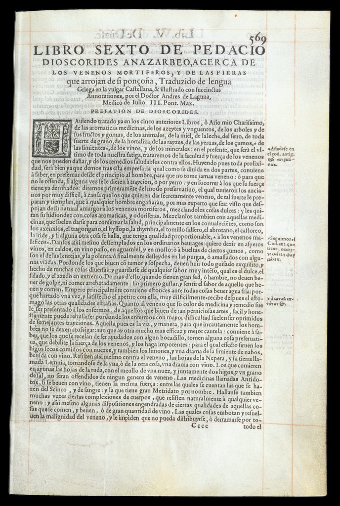 De Materia Medica de Dioscorides. Andres Laguna. Amberes 1555. Libro VI. 569