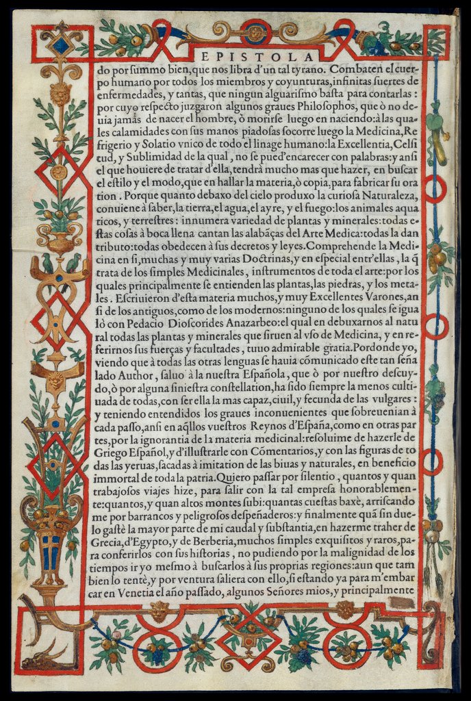 De Materia Medica de Dioscorides. Amberes 1555. Cuarta página. Epistola