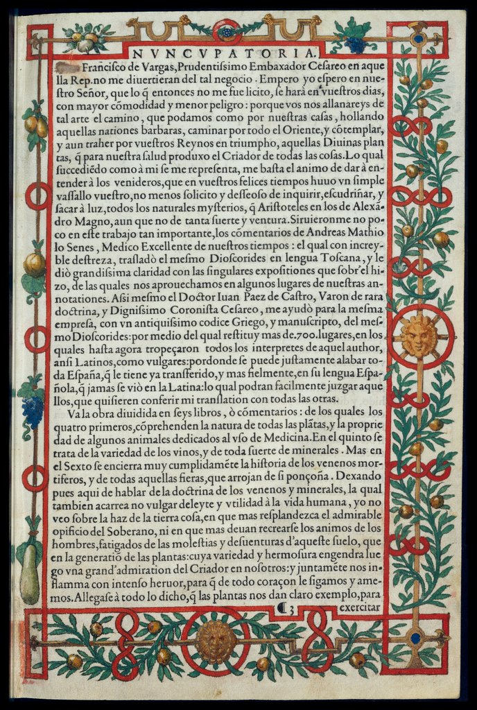 De Materia Medica de Dioscorides. Amberes 1555. Quinta página. Nuncupatoria