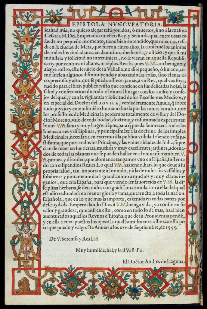 De Materia Medica de Dioscorides. Amberes 1555. Septima página. Epistola Nuncupatoria