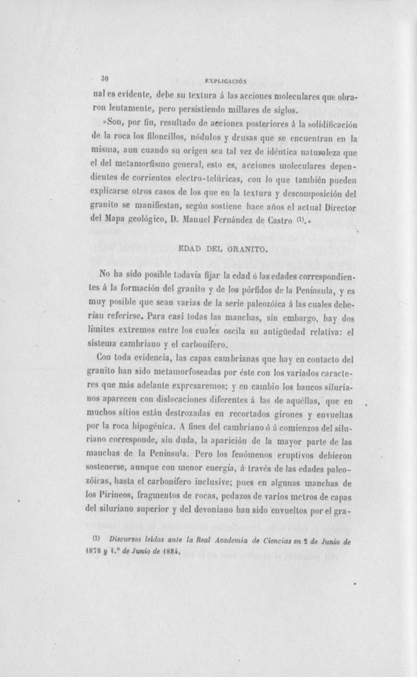 Página 30. Capítulo Primero. Mapa Geológico de España. Tomo I, explicación por Lucas Mallada. Madrid. 1895.