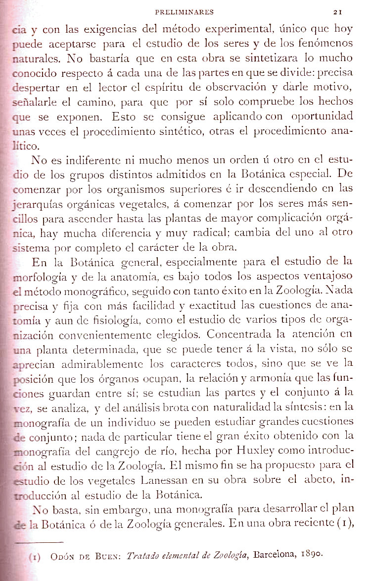 Página 21. Preliminares. Botánica I por Odón de Buen. Historia Natural. Montaner y Simón, editores. 1891.