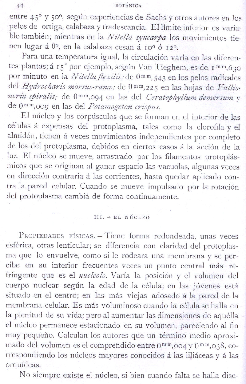 Página 44. Botánica General. Histología. Botánica I por Odón de Buen. Historia Natural. Montaner y Simón, editores. 1891.