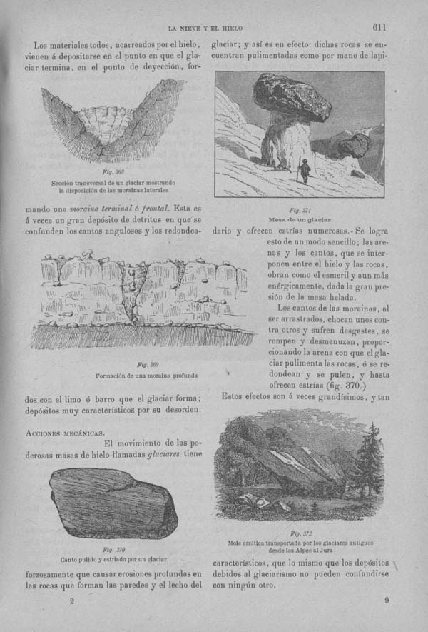 Página 611. Tomo I. Tratado X. Geología. La nieve y el hielo, su influencia en la vida del globo. Glaciarismo.
